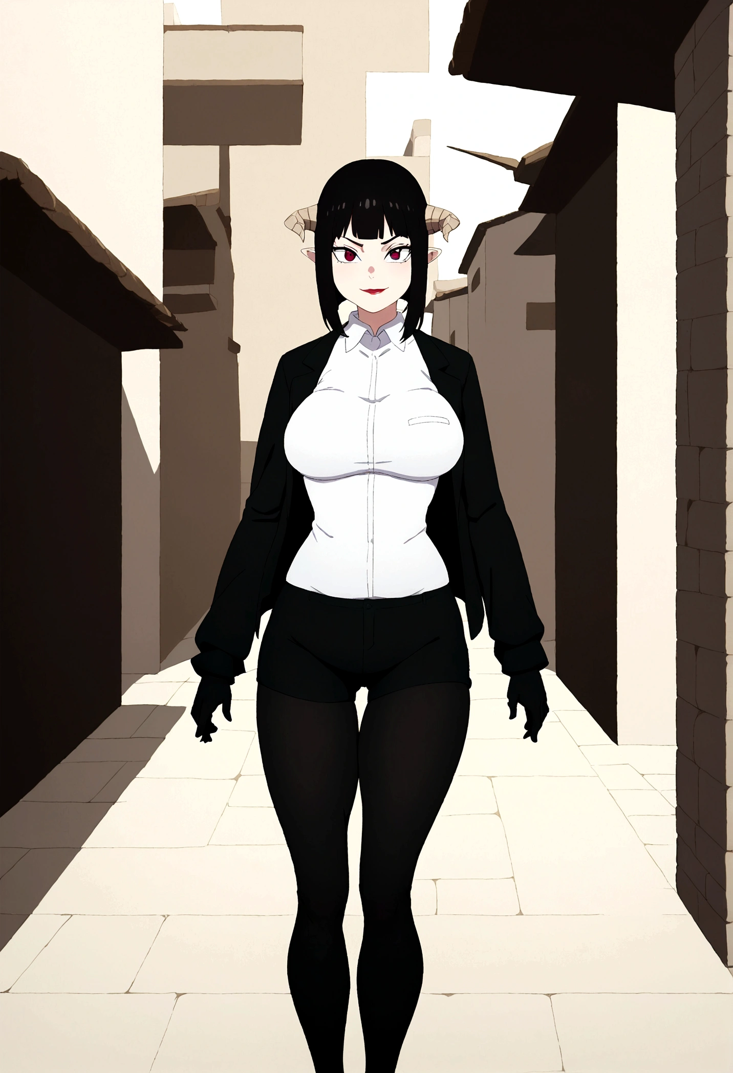 short black hair 1 girl, 1 gilr, ,perfect anatomy girl muscular girl toned body girl large breasts girl thick girl angry girl best quality girl black hair girl Eyes red,linda,wearing short leggings with, blackstockings, shorth hair, comely eyes, comely, Eyes red, white shirt, black leather jacket, shorts, legging branca curta, dark alley city black pantyhose, horned hair on head,ssmile,face detailed,ssmile no rosto,maos atras da cabeça ssmile,ssmile