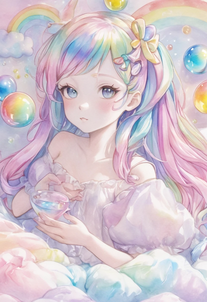 Dreamy, dreamy cute, Lilia, pale, Haze, (masterpiece, Highest quality, Highest quality, watercolor (Moderate), Upper Body, kiss, Lesbian, Lolita Fashion, pattern, break, (Rainbow Hair: 1.2), break, Soap bubble, Rainbow behind, cloud, colorful, Soap bubble, Spread throughout, cute, pastel, cute room, Rainbow Unicorn Plush Toy, Sleeping in bed, Big ribbon