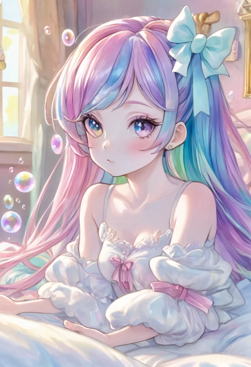 Dreamy, dreamy cute, Lilia, pale, Haze, (masterpiece, Highest quality, Highest quality, watercolor (Moderate), Upper Body, kiss, Lesbian, Lolita Fashion, pattern, break, (Rainbow Hair: 1.2), break, Soap bubble, Rainbow behind, cloud, colorful, Soap bubble, Spread throughout, cute, pastel, cute room, Rainbow Unicorn Plush Toy, Sleeping in bed, Big ribbon