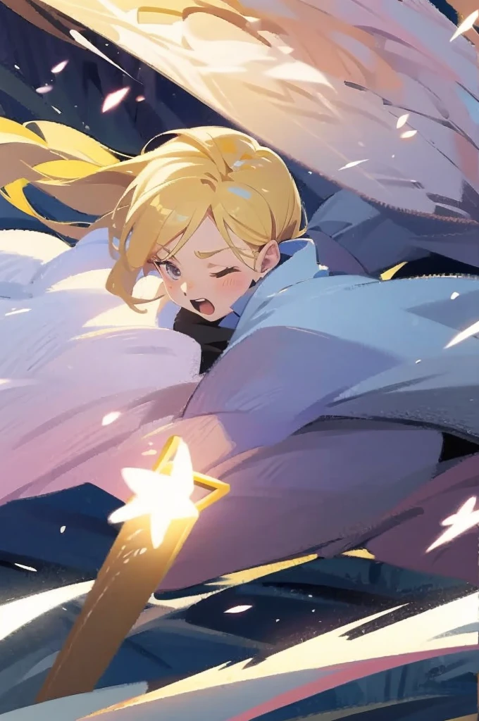 have a blonde waifu finishing an attack with a large samurai sword leaning forward and one leg forward too