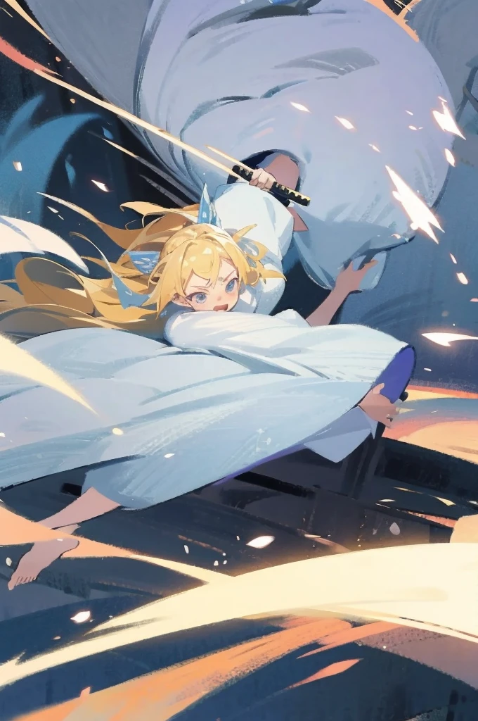 have a blonde waifu finishing an attack with a large samurai sword leaning forward and one leg forward too