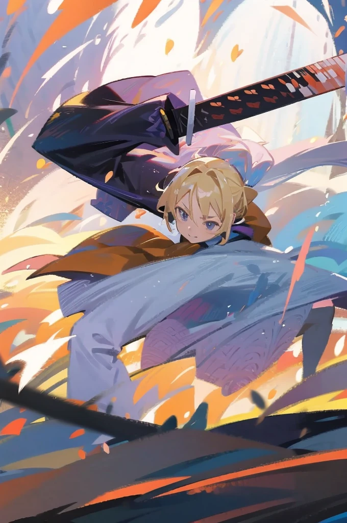 have a blonde waifu finishing an attack with a large samurai sword leaning forward and one leg forward too