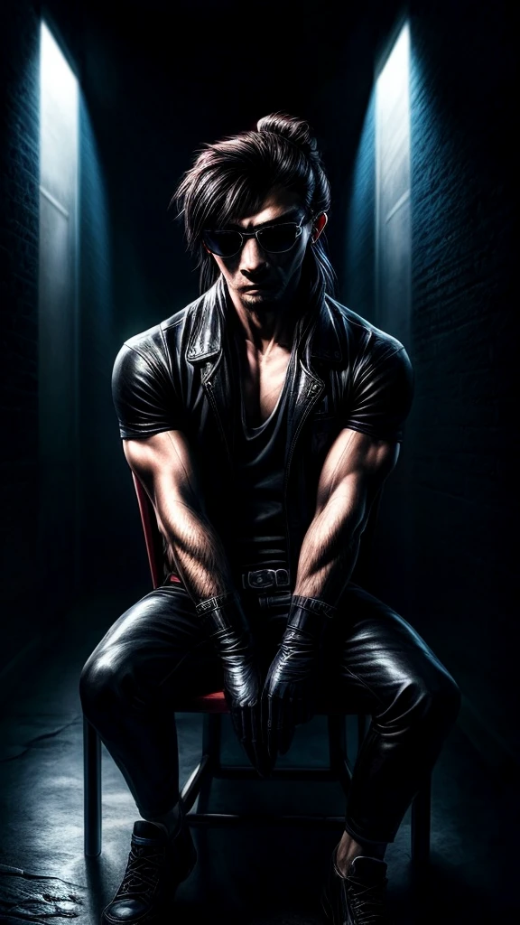a stylish korean man with long hair tied in bun, wearing black round sunglasses, black leather gloves, dark clothing, sitting on a chair in a dark environment, dynamic point of view, best quality, ultra-detailed, photorealistic, vivid colors, dramatic lighting, chiaroscuro, dark and moody atmosphere, masculine, charismatic, punk style
