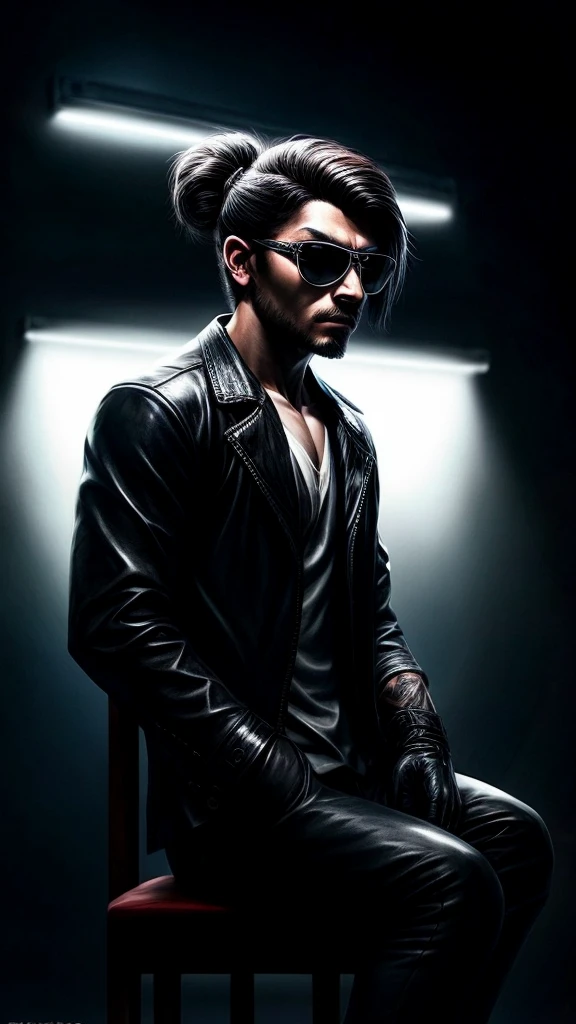 a stylish korean man with long hair tied in bun, wearing black round sunglasses, black leather gloves, dark clothing, sitting on a chair in a dark environment, dynamic point of view, best quality, ultra-detailed, photorealistic, vivid colors, dramatic lighting, chiaroscuro, dark and moody atmosphere, masculine, charismatic, punk style