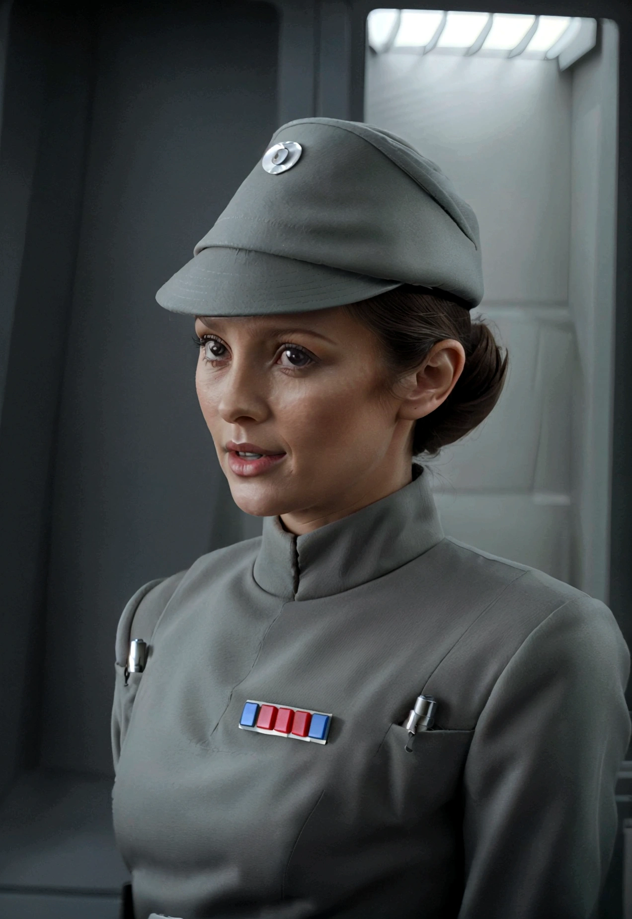 fashion photography of pretty girl in olive gray imperialofficer uniform and hat with brim, curly brown hair in small ponytail, smooth pale white skin, sci-fi Death Star control room, sharp focus, dlsr, ultra sharp, professional Photographer, film grain, very detailed skin texture, photorealistic, no makeup