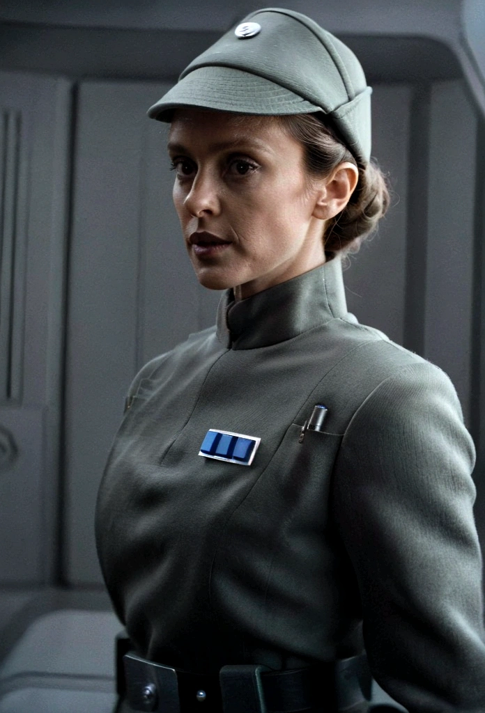 fashion photography of pretty girl in olive gray imperialofficer uniform and hat with brim, curly brown hair in small ponytail, smooth pale white skin, sci-fi Death Star control room, sharp focus, dlsr, ultra sharp, professional Photographer, film grain, very detailed skin texture, photorealistic, no makeup