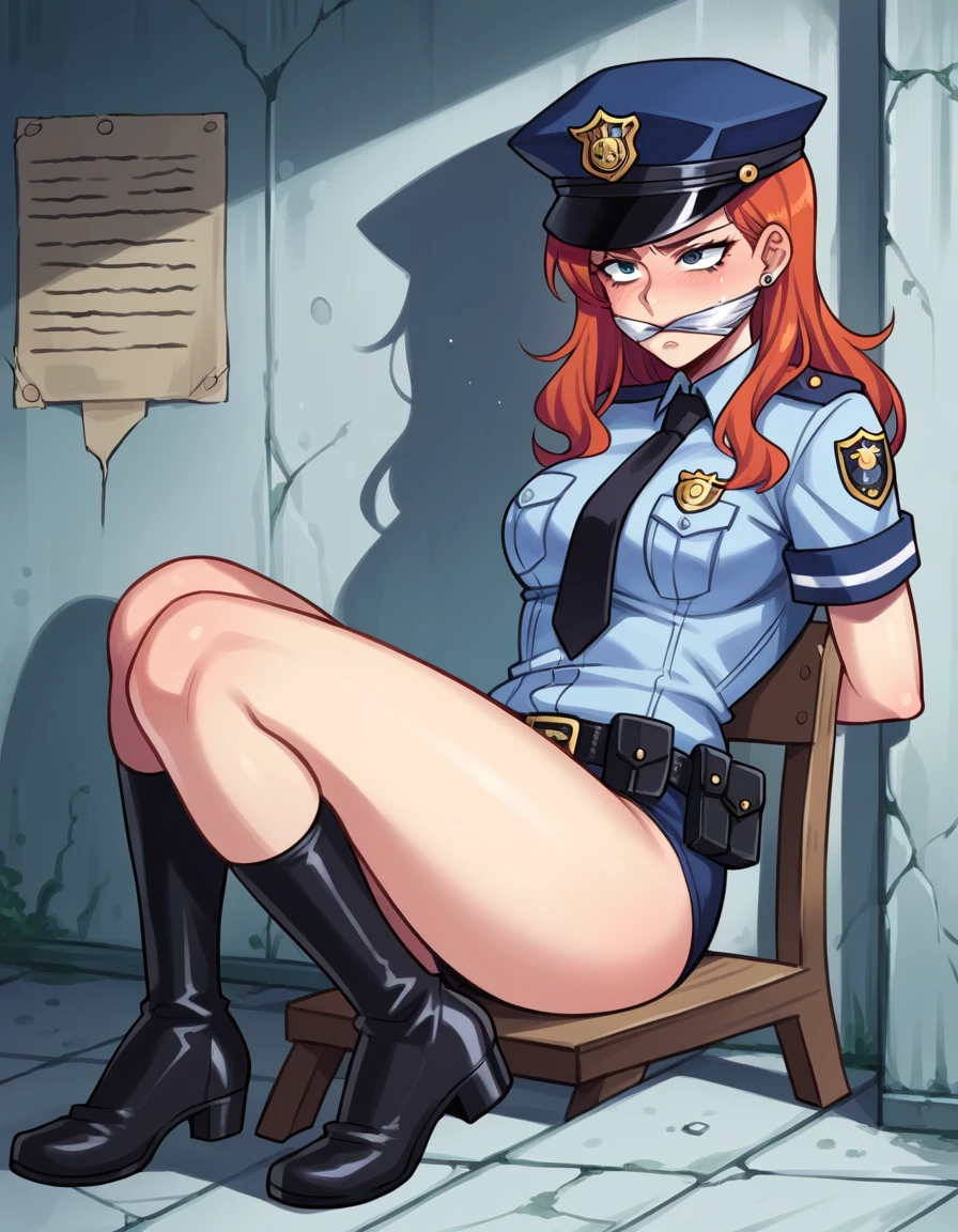 There is a woman in a police uniform, official, police official, (Yoshida Yuuko), sad police, Attire: cop, redhead woman, yoshida yuuko wearing a police uniform, high resolution commission, sheriff woman, Lois van Baarle y Rossdraws, bottomless, leotard blue, bare legs, sitting on a chair, (((his hands are behind his body)),((The whole body is tightly bound.)) in jail, tapegag,