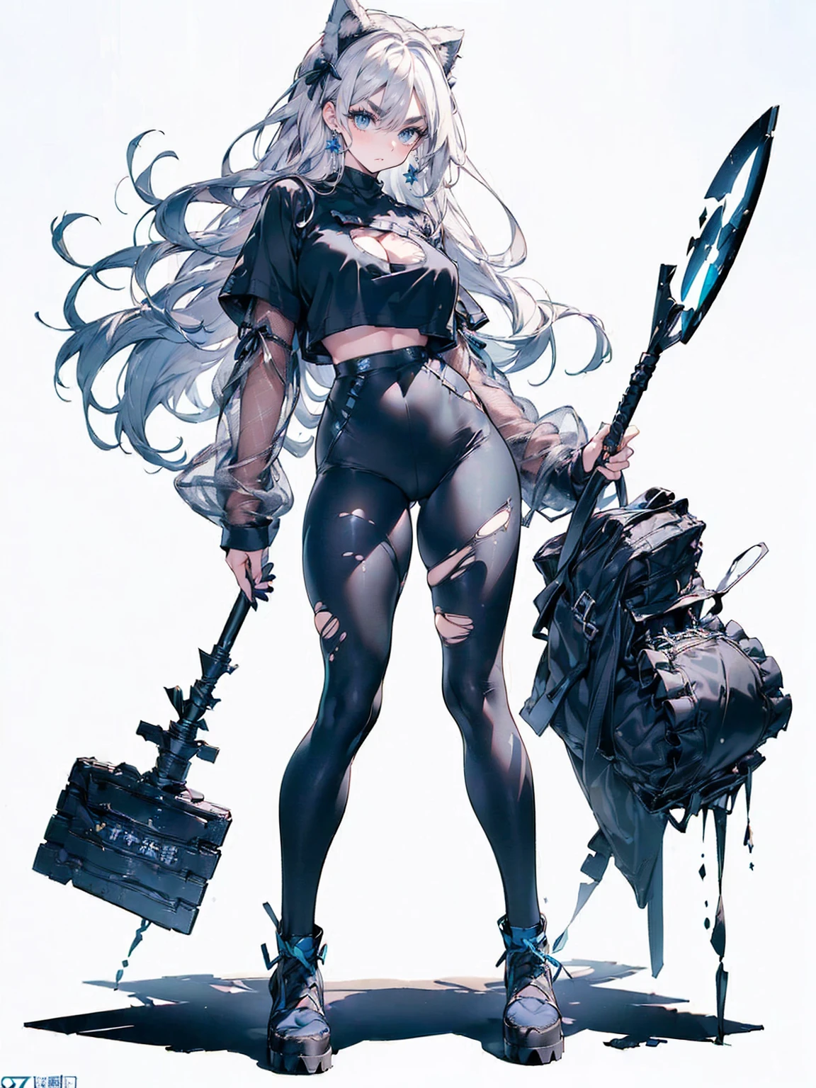 Sense of presence, look up, Focus on shoes, (White Hair Girl), (Thick, dark blue eyebrows:1.4), (Dark blue eyebrows:1.7), (Thick eyebrows:1.3), (Huge black fluffy animal ears:1.1), (Black animal ears:1.1), BREAK, (((Mesh Stitching Crop T-Shirt, Cutout Long Sleeve Top))),BREAK, (Big Breasts:1.2, Thick legs, Adult female body, Sturdy body:1.2), ((full body:1.7, Contrapposto:1.5)), (sharp eyes, Ultra-high definition CG, Precisely designed costumes, 4K, 8K, Ultra-high definition CG, Precisely designed costumes, Clear lines, Expressive and Captivating Eyes, Fine Details and Realistic Textures, cinematic lighting), ((white background)), BREAK, (Wearing black leggings with holes), Skinny sleeves, (Torn and holey leggings:1.2)(Black leggings:1.4), (過剰なRuggedThick soleブーツを履いています:1.2), (Thick sole:1.5), (Big shoes:1.3), brwak,((Lightsabers:1.3, embarrassed))
