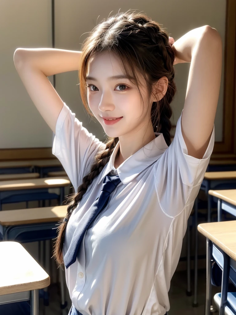（masterpiece，Best quality，high quality，high risk，Ultra Detailed）,8K，masterpiece，RAW photos，best quality，Reality, intricate detail face，1 Girl，Korean，Detailed fabric texture，School，classroom，20 years old，Upper Body，（Uniforms，Show your armpits，Braids，Single ponytail：1.5），Looking at the camera，Smile