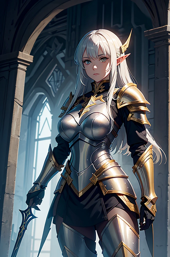 Woman in armor, golden eyes, Silver Hair, pale skin, height 194 cm, standing with glaive, girl in armor, gorgeous female paladin, alluring elf princess knight, from line 2, Dressed in heavy armor, female paladin, picture of female paladin, female paladin в стиле фэнтези, extremely detailed art germ, female knight, of a beautiful female knight, beautiful female knight, spear and shield, paladin armor, Ares in heavy armor, heavy armor, Heavy golden armor, golden paladin, War Hammer, Эпическая paladin armor, Cloak, heavy armor. Dramatic