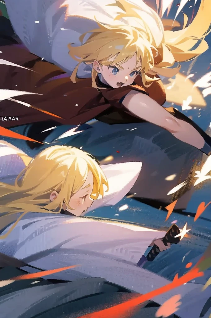 have a blonde waifu finishing an attack with a large samurai sword leaning forward and one leg forward too