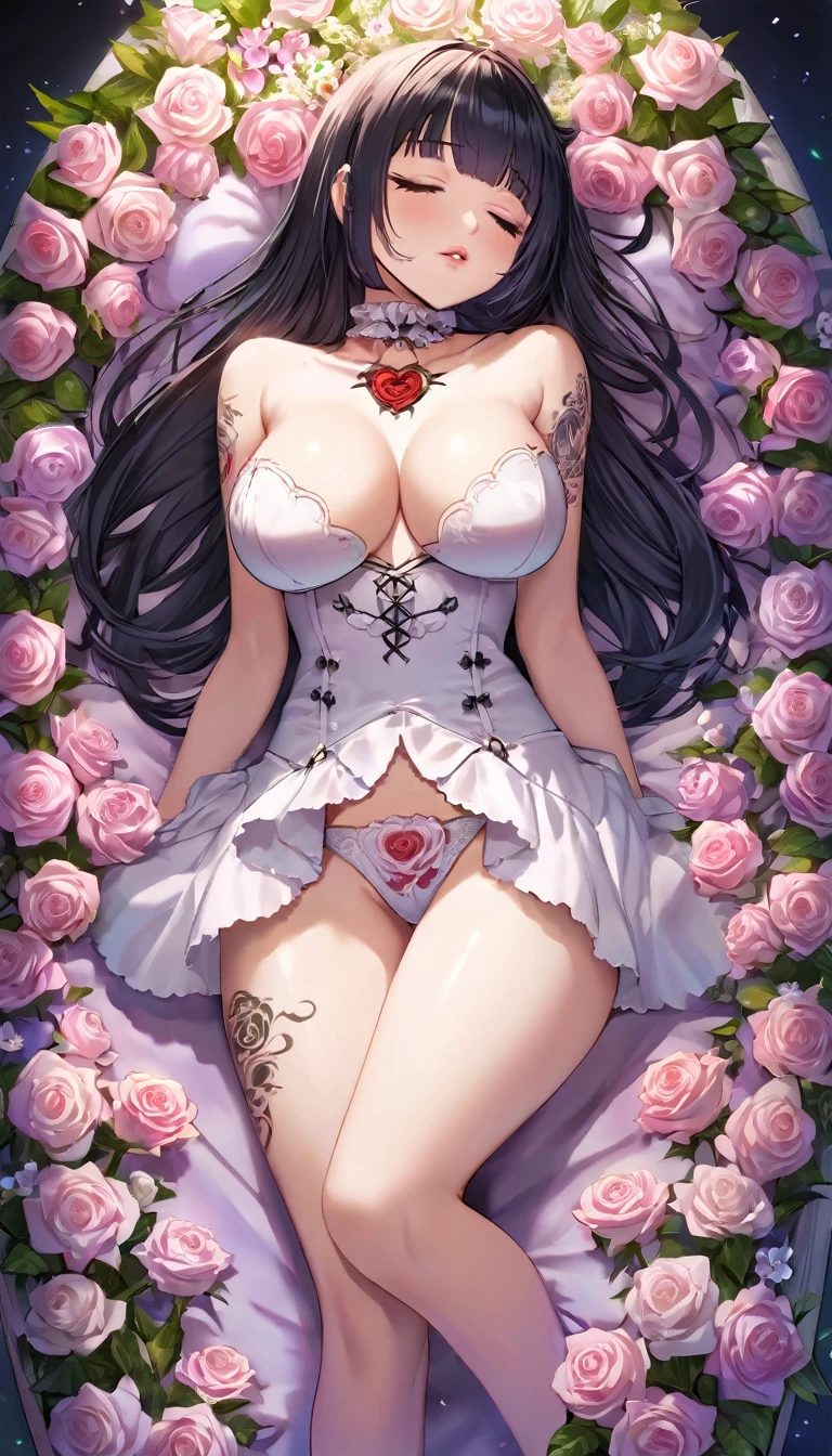 {{{{{16k}}}}}, {{{{{transforming a pure corpse girl into her facial rank and tits rose to the SSS rank of top-notch pretty actresses, She is laid on an coffin of flowers bouquets of flowers are stabbed all over her body and her body becomes more curvy, Her tits are about as erect as an even larger clitoris and her tits are about to float up with them, she is turned into a cutesy flower arrangements, She knows that if she sleeps she will lose her life but she cannot stop her sleep her eyelids grow heavy and the moment she is fully asleep the flower glows absorbs her life blooms more cutely and transforms her corpse into something lovely and capable of eternal necrophilia, Each time she was necrophiliac her tattoos increased the tattoos her waist and underbust became thinner, her breasts become even larger and deeper with cleavage, Her hair is replaced by a bang long glossy very Straight black hair, A young girl who was supposed to have died, but was injected with more and more female hormones and Reproduce as underbust and topbust firmness lasciviousness 18-years-old virgin girl of the expression dyed in bewitching eroticism, She is fitted with a heart collar that puts people into eternal sleep which transforms her into a cute once-in-a-millennium narcotic flower arrangement that becomes her too-cute corpse}}}}},{{Extremely detailed}},{{{{{integrated her head pure small, All the fat from her limbs and waist will move to her swinging tits and slender limbs, She is in a normal position with her knees up and her crotch open, Enchanting Too thick and erotic lips, Her thickened lips shimmer with luster, A cutely girl's soul-draining white eyes}}}}},{{{{{Her tattoos spread all over her body, She is tattooed with lewd flowers on her neck, arms, lower abdomen, thighs, Flower piercings are attached all over her body}}}}}
