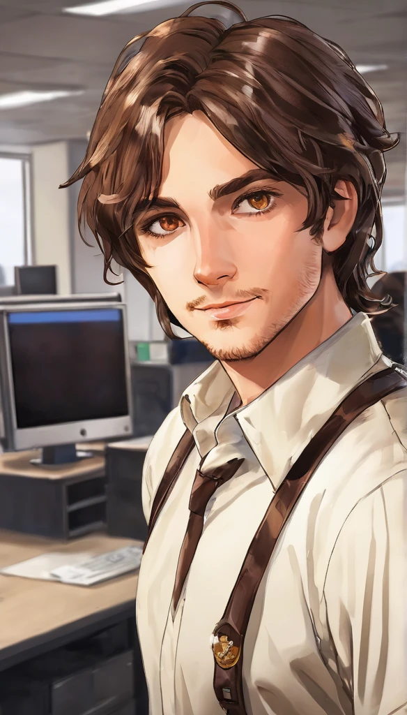 26 years old, male, human, adventurer, brown hair, brown eyes, inside an office, middle age era
