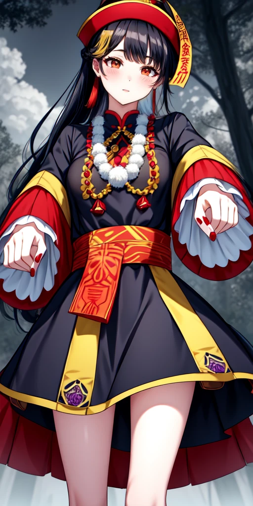 lora:flat:-1.2, masterpiece, best quality, 4k, 8k, 1 woman, solo, tall stature, long hair, blunt bangs, side braid, black hair, ugly face, bad face, bad eyes, droopy eyes, unclear eyes, ruby red eyes, lemon yellow eyes, pale skin, black eyeliner, black eye shadow, heterochromia, slender frame, sad, ofuda, jiangshi costume:1.2, fang, horror, coffin, forest, dark night, stormy weather, fog, from front, cowboy shot, look at viewer, paw pose,