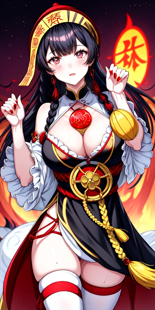 lora:flat:-1.2, masterpiece, best quality, 4k, 8k, 1 woman, solo, tall stature, long hair, blunt bangs, side braid, black hair, ugly face, bad face, bad eyes, droopy eyes, unclear eyes, ruby red eyes, lemon yellow eyes, pale skin, black eyeliner, black eye shadow, heterochromia, slender frame, sad, ofuda, jiangshi costume:1.2, fang, horror, coffin, forest, dark night, stormy weather, fog, from front, cowboy shot, look at viewer, paw pose,