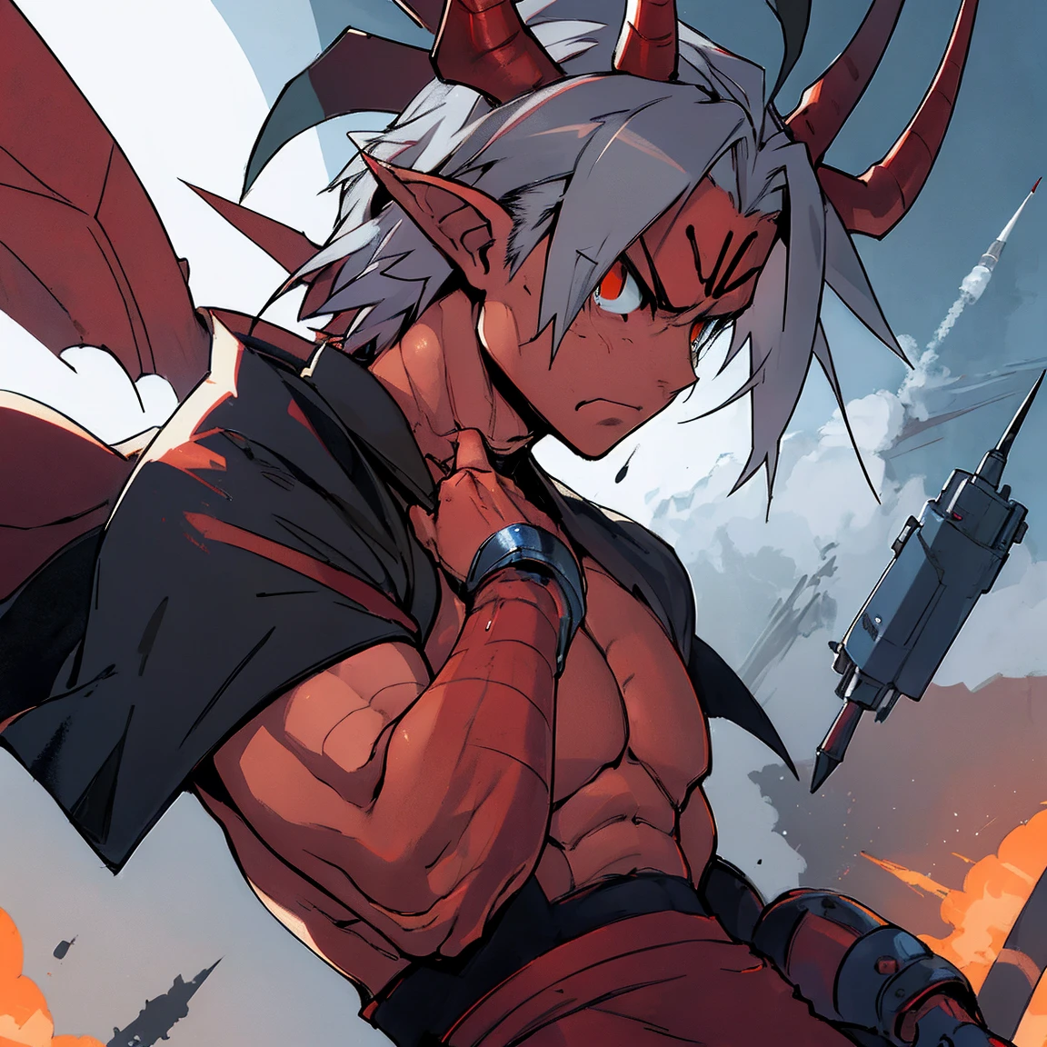 work of art,best qualityer,high resolution,cinematic lighting,dramatic angle,1 old,Izudia,missilesduras,cape,holding missiles,弓 \(missiles\),demoness, naughty man, silver-haired, with 2 horns, young-looking red skin, sad and severe look, blue nobles clothes