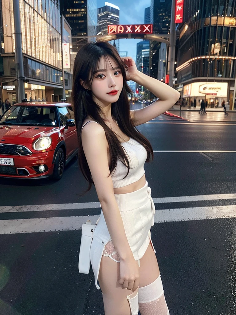 Master work, best picture quality, higher picture quality, young and lovely girl, high details, ultra-high definition, long white hair, petite figure, clear eyes, smooth hair, exquisite and perfect facial features, the most beautiful big eyes, Long eyelashes, sweet eyes, smile, dynamic angle, extreme picture quality, high details, highest accuracy, precise and perfect human anatomy, brown eyes, architecture, car, city, city lights, city landscape, See-through white tube top, ultra short mini skirt, red garter belt, white fishnet stockings, Roman shoes, skyscraper, lone walker, stand up, thigh high, car show, traffic light, truck, vehicle focus.