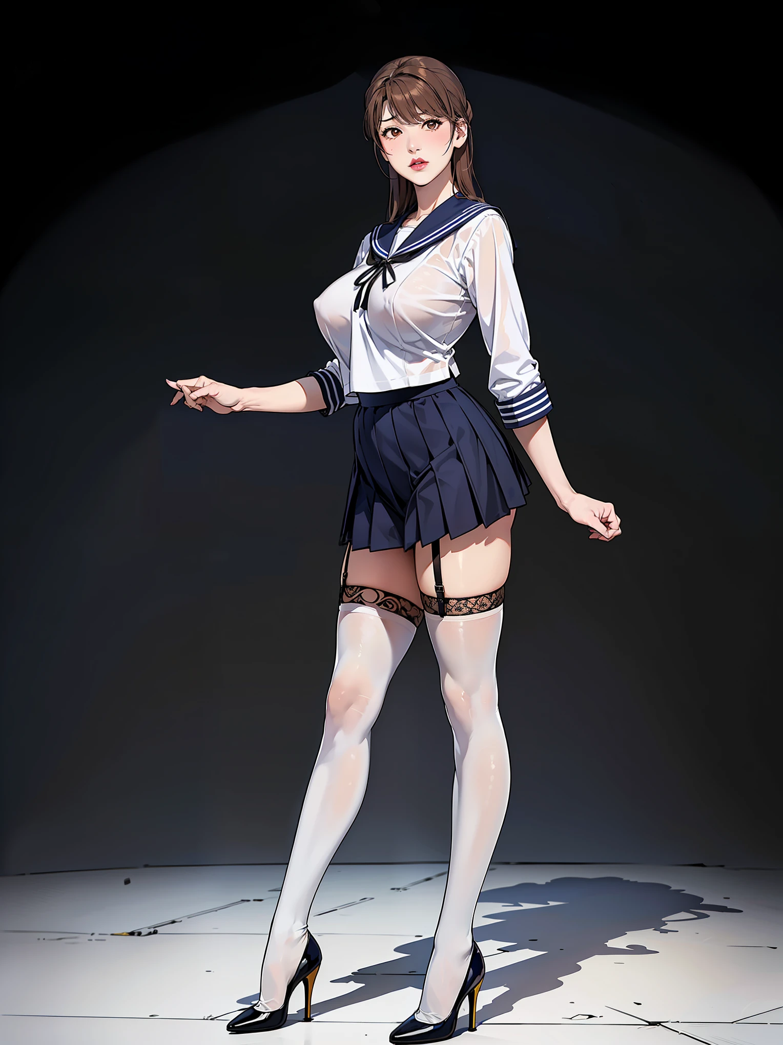 (masterpiece, Highest quality:1.2), One Girl, alone, whole body, Big Breasts,, Brown Hair,Big Breasts, Brown eyes, Mature Woman, blush, , she is standing on the street,whole body, Brown Hair, lipstick, ランダムなカラーのSailor suit、((High quality fabric, Sailor suit, Navy Pleated Skirt)), ((Short length)), zettai ryouiki, Exposing your thighs, White skin, (Black garter stockings), ((Wear black high heels)),, (Flip up your skirt to show your:1.2), (I like showing my crotch to the audience....., ), pubic hair,