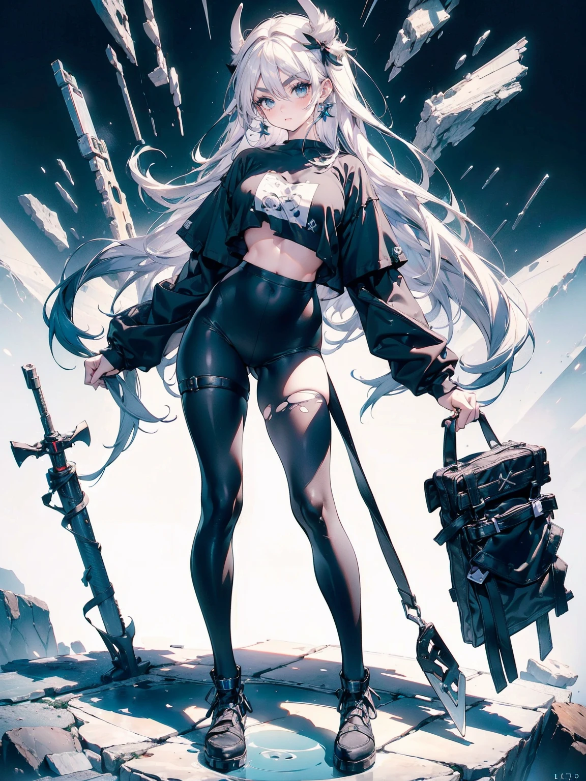 Sense of presence, look up, Focus on shoes, (White Hair Girl), (Thick, dark blue eyebrows:1.4), (Dark blue eyebrows:1.7), (Thick eyebrows:1.3), (Huge black fluffy animal ears:1.1), (Black animal ears:1.1), BREAK, (((Mesh Stitching Crop T-Shirt, Cutout Long Sleeve Top))),BREAK, (Big Breasts:1.2, Thick legs, Adult female body, Sturdy body:1.2), ((full body:1.7, Contrapposto:1.5)), (sharp eyes, Ultra-high definition CG, Precisely designed costumes, 4K, 8K, Ultra-high definition CG, Precisely designed costumes, Clear lines, Expressive and Captivating Eyes, Fine Details and Realistic Textures, cinematic lighting), ((white background)), BREAK, (Wearing black leggings with holes), Skinny sleeves, (Torn and holey leggings:1.2)(Black leggings:1.4), (過剰なRuggedThick soleブーツを履いています:1.2), (Thick sole:1.5), (Big shoes:1.3), brwak,((Lightsabers:1.3, embarrassed))