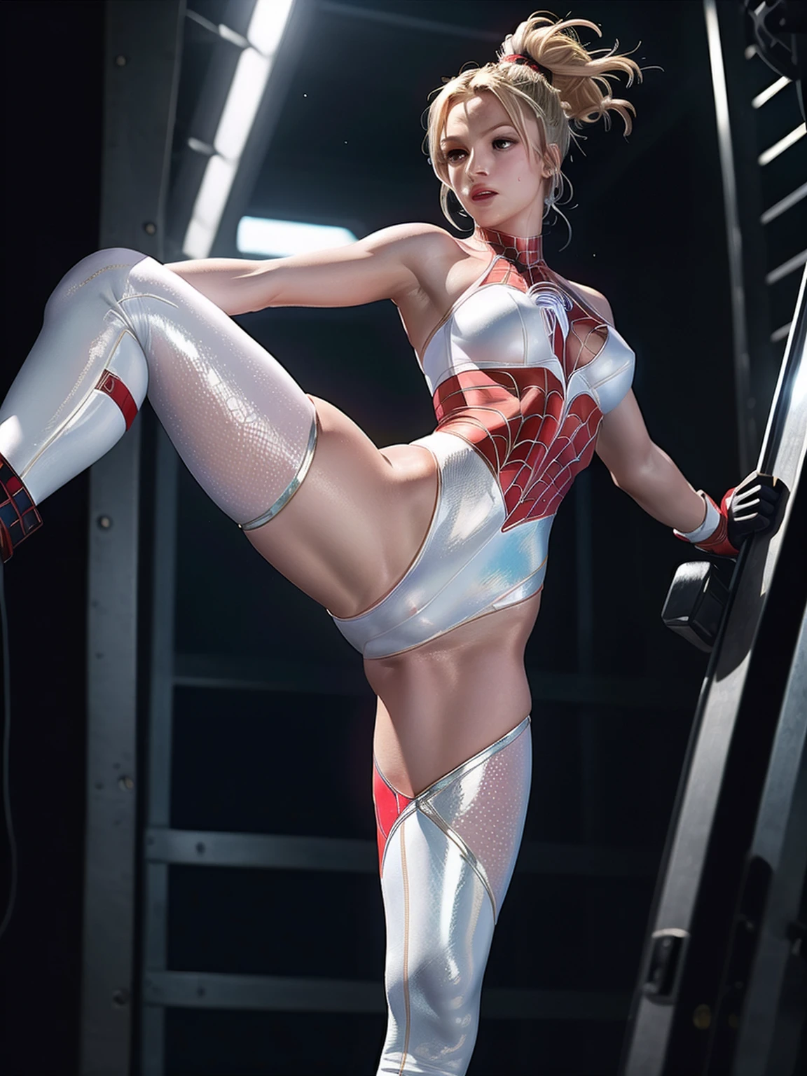 leg shot, best quality, high contrast. 16K resolution, hyper realism, real life, masterpiece, perfect face, detailed eyes, expressive eyes, perfect body, (Photorealistic, RAW, 16K, Masterpiece, UHD), full body, 1girl, 25 years old, pop singer blond haired Britney Spears as Pink Spiderwoman in full body pink leotards, tight body suit, pink leather boots, shiny tight leggings, Britney Spears as the Pink Spiderman, Spiderman fighting stance, Extremely Realistic