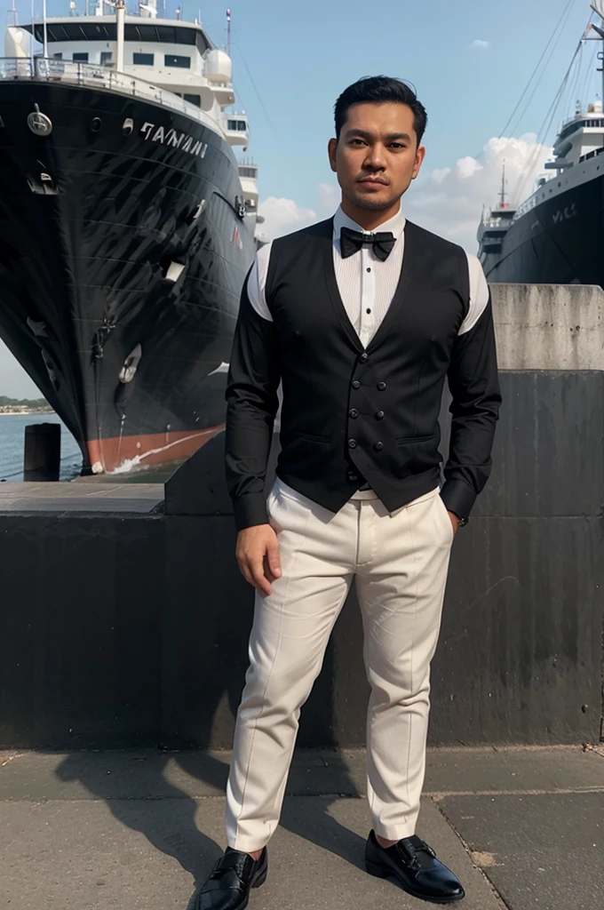 Realistic 4D Caricature, full body,big head , An adult man with an Indonesian face, 30 years old, clean face, neat short undercut black hair Wearing a long-sleeved white shirt, formal black vest, formal black trousers, formal black shoes, black tie, standing pose while facing the front, background harbour And ship anchors