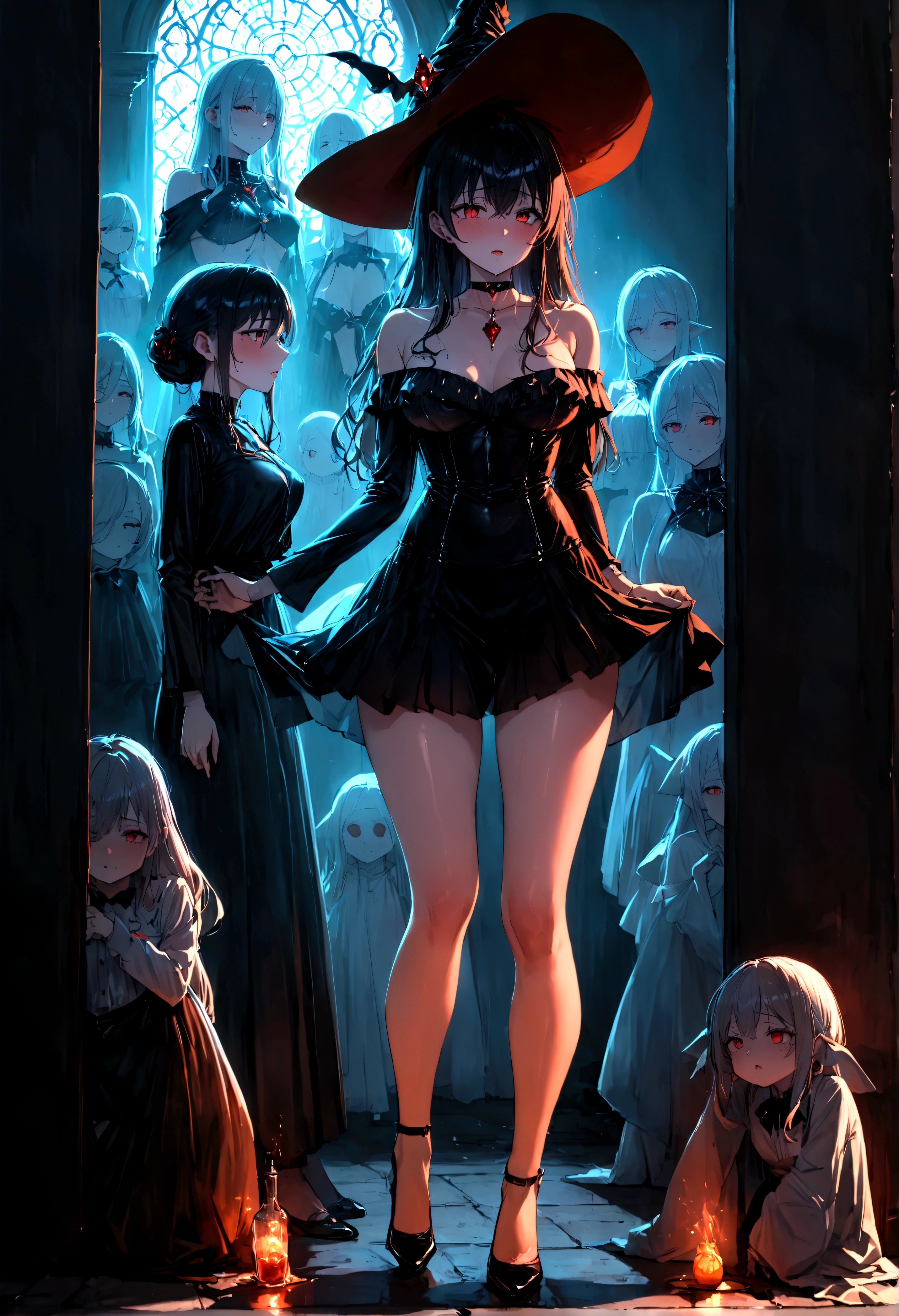 Sexy photo of the most beautiful work of art in the world, illustration, cinematic light, Fancy, high resolution, Superior quality, ultra detailed, Best Quality, Masterpiece, (detailed face), sexy mature woman with shirt and full body (torn) (transparent galaxy) screen shelter, floating fabric, meat , choker, bright (Fancy criminal para personas mayores) Forest plants with neon details, shoulders abiertos, pequeña mariposa bright, with a broken witch hat (focus on the body: 1,25 ), evening, small mutated animals in the background, torn miniskirt, a potion on the hip, shoulders, radiating magical energy, Camel leg, darkness, light reflection, ((32 year old woman)) , black underwear,(with sexy legs )、(journey)、(supine)、Head with long black hair,love game,Forced orgasm,squirt, ecstasy, I play with the urethra, ((women's casual clothing ),(high quality, realist, ultra detailed),blood mage ,dark and gloomy magical atmosphere,old church with biblical windows,beautiful woman with piercing red eyes,1woman surrounded by ethereal spirits and followers,((cult queen)),darkness eterna y profunda,penitent ghosts,group of humanoid spirits