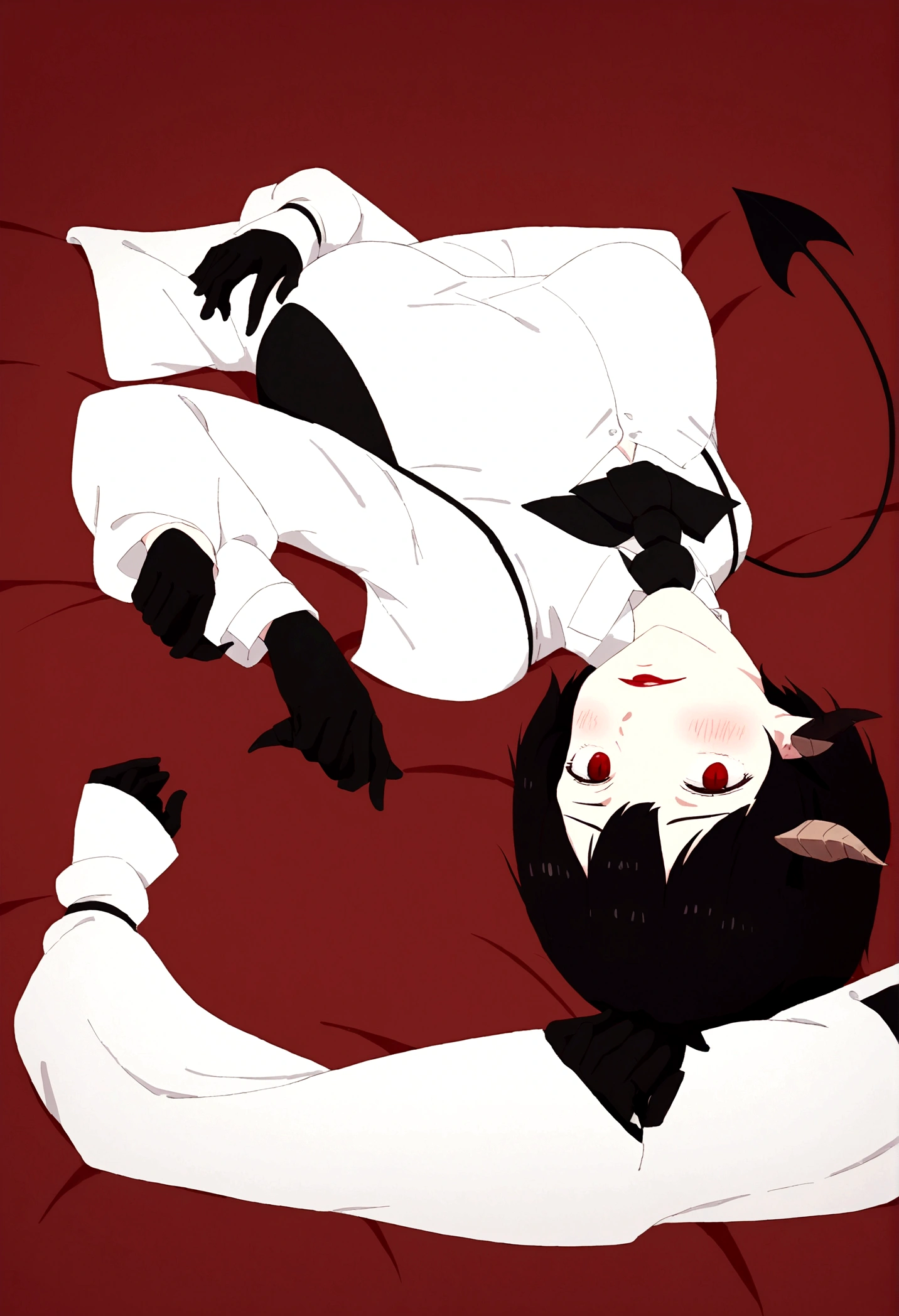 work of art, best qualityer, high resolution, 1girl horns short hair demon tail, white shirt black ascot black gloves black pants black vest lying on your back, sheet, arms up,blushed,face red,body detailed,skin-tight outfit,red bed,ssmile