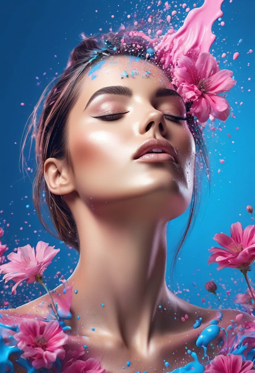 Photorealistic image of a woman, abstract background, blue and pink gradient,  made of flowers, paint spilling , ultra clear