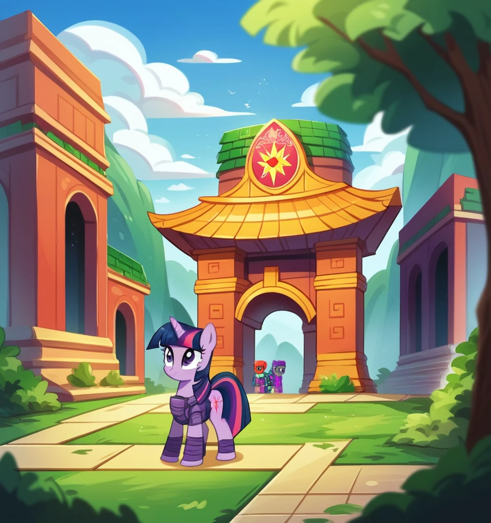 ((High Quality)) (( Perfect Lego autonomy)) Masterpiece, Twilight Sparkle and Lloyd, 1 girl and 1 boy only, Twilight Sparkle is wearing a purple Ninja suit While Lloyd is wearing his green Ninja suit, Twilight Sparkle and Lloyd Lego Ninjago, Twilight Sparkle and Lloyd are at the temple, Full bodies, Standing, in the temple, Twilight Sparkle and Lloyd, cuerpo completo, high resolusion