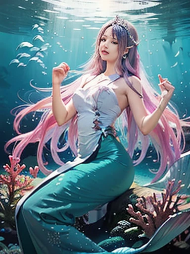 (best quality,ultra-detailed,photorealistic),blue water,sparkling scales, flowy hair, underwater world, colorful coral reefs, ethereal lighting, dreamy atmosphere, fantasy theme, mystical creatures, magical powers, enchanting melodies, mesmerizing beauty, graceful movements, captivating expressions, surreal landscape, peaceful serenity, magical mermaid tails, elegant tiaras, long flowing dresses.