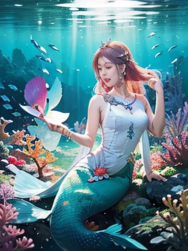 (best quality,ultra-detailed,photorealistic),blue water,sparkling scales, flowy hair, underwater world, colorful coral reefs, ethereal lighting, dreamy atmosphere, fantasy theme, mystical creatures, magical powers, enchanting melodies, mesmerizing beauty, graceful movements, captivating expressions, surreal landscape, peaceful serenity, magical mermaid tails, elegant tiaras, long flowing dresses.