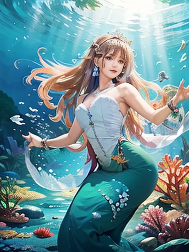 (best quality,ultra-detailed,photorealistic),blue water,sparkling scales, flowy hair, underwater world, colorful coral reefs, ethereal lighting, dreamy atmosphere, fantasy theme, mystical creatures, magical powers, enchanting melodies, mesmerizing beauty, graceful movements, captivating expressions, surreal landscape, peaceful serenity, magical mermaid tails, elegant tiaras, long flowing dresses.