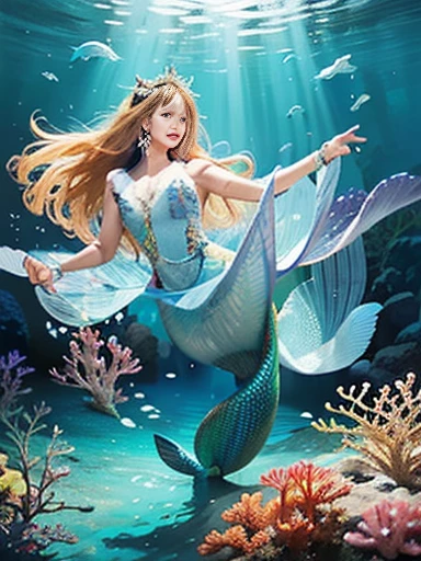 (best quality,ultra-detailed,photorealistic),blue water,sparkling scales, flowy hair, underwater world, colorful coral reefs, ethereal lighting, dreamy atmosphere, fantasy theme, mystical creatures, magical powers, enchanting melodies, mesmerizing beauty, graceful movements, captivating expressions, surreal landscape, peaceful serenity, magical mermaid tails, elegant tiaras, long flowing dresses.