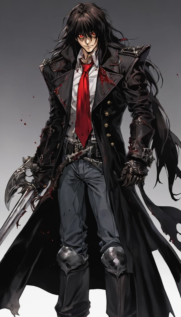 full body photo of a 1.80 meter man, 25 years old, black overcoat, long short hair, brown eyes, medieval armor looking like Alucard's(Hellsing) with metal gloves with claws, has scars in the corner of his mouth and on his left eye, has a medieval sword. His left shoulder pad in the shape of a bull's skull, covered in blood.