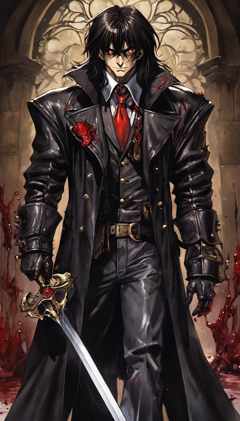 full body photo of a 1.80 meter man, 25 years old, black overcoat, long short hair, brown eyes, medieval armor looking like Alucard's(Hellsing) with metal gloves with claws, has scars in the corner of his mouth and on his left eye, has a medieval sword. His left shoulder pad in the shape of a bull's skull, covered in blood.