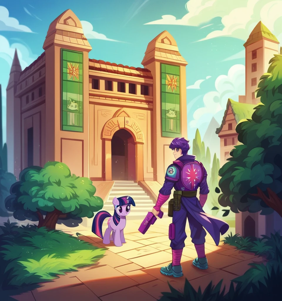 ((High Quality)) (( Perfect Lego autonomy)) Masterpiece, Twilight Sparkle and Lloyd, 1 girl and 1 boy only, Twilight Sparkle is wearing a purple Ninja suit While Lloyd is wearing his green Ninja suit, Twilight Sparkle and Lloyd Lego Ninjago, Twilight Sparkle and Lloyd are at the temple, Full bodies, Standing, in the temple, Twilight Sparkle and Lloyd, cuerpo completo, high resolusion