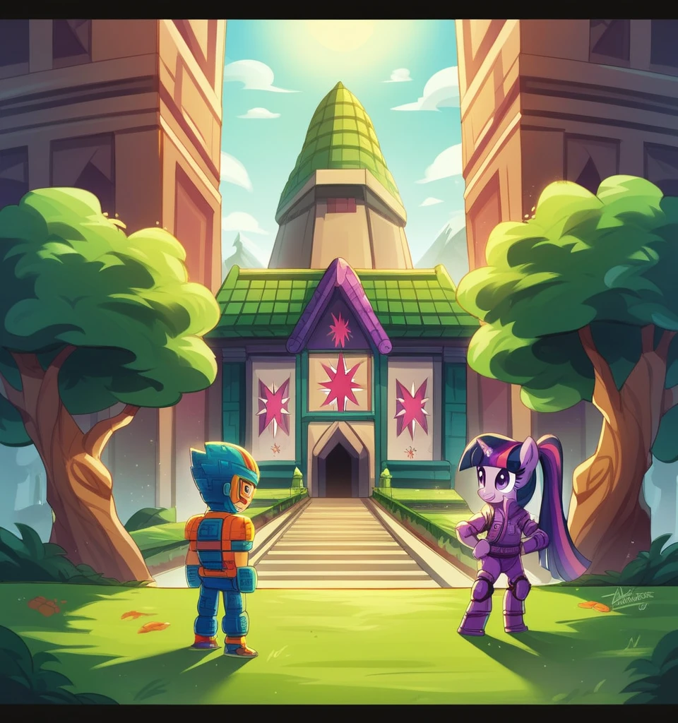 ((High Quality)) (( Perfect Lego autonomy)) Masterpiece, Twilight Sparkle and Lloyd, 1 girl and 1 boy only, Twilight Sparkle is wearing a purple Ninja suit While Lloyd is wearing his green Ninja suit, Twilight Sparkle and Lloyd Lego Ninjago, Twilight Sparkle and Lloyd are at the temple, Full bodies, Standing, in the temple, Twilight Sparkle and Lloyd, cuerpo completo, high resolusion