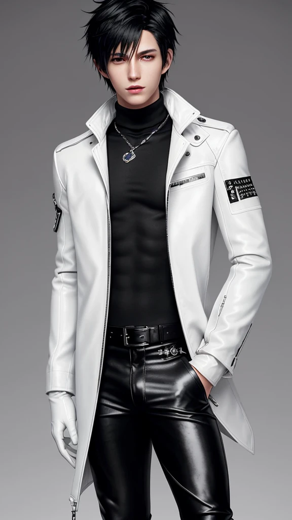 Final fantasy taste and reality graphics, Japanese young cute and cool ikemen boy, his age is early 20s, thin eyebrows and beady eyes, he wearing off white color leather very thick singlebrest biker jacket, with epaulet, jacket is long sleeve, must close the front of the leather jacket, jacket is biker style, jacket is voluminous, , jacket collar is high length stand-up collar with two belts, jacket is a little black color line pattern,close the front of the jacket, also wearing black very thick turtleneck lackluster shirts, tight black leather pants, shiny black leather tight and thin glove, black leather knee-high raceup boots,must views head-to-toe,must views whole body, boy looks like fashion model,Do not show skin from the neck down,leather jacket leather glove and leather pants have few wrinkles,boy in the room,