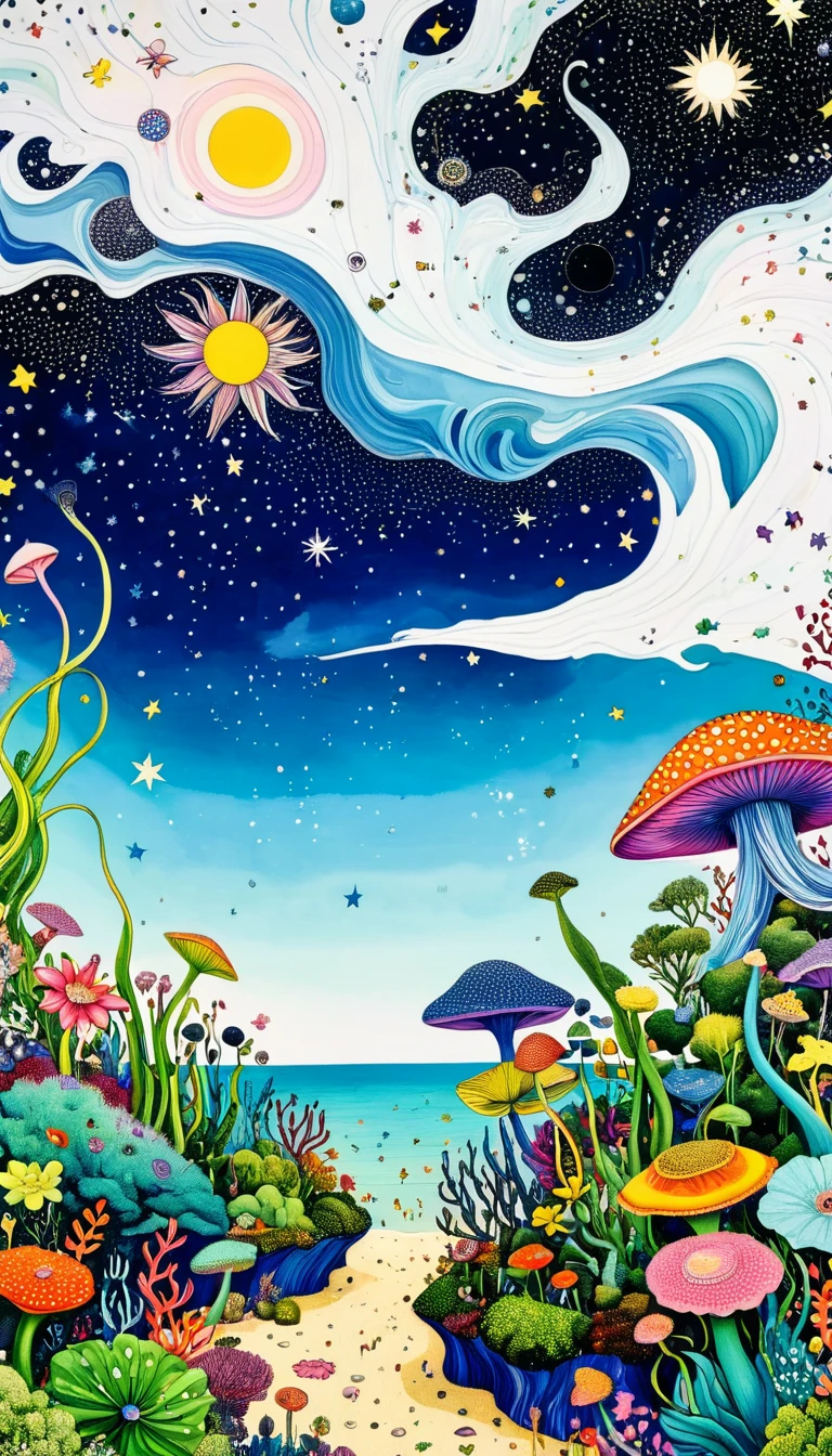 plant、Marine life、Eye、Starry Sky，An abstract painting at the joint，Describing the inner world of autistic people，Sense of space，White Space，Pointillism method，Psychedelic Art，interesting：1.5