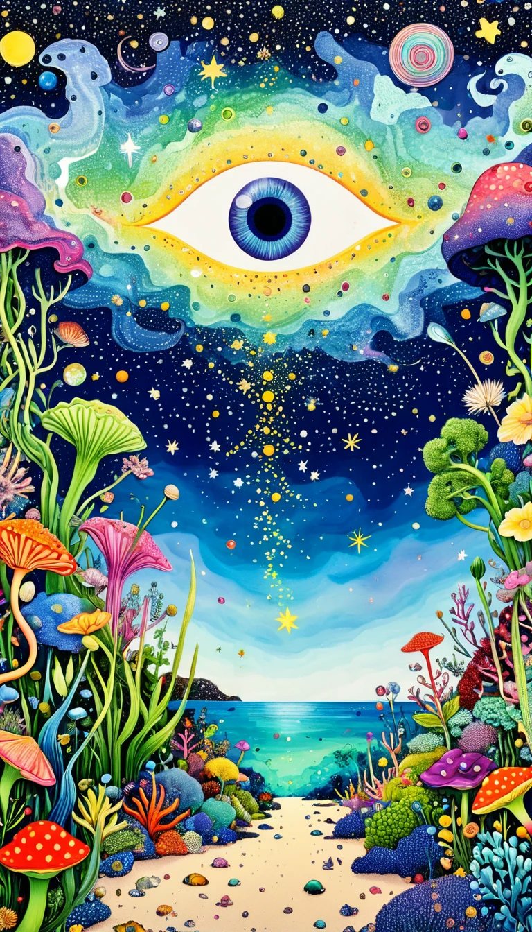 plant、Marine life、Eye、Starry Sky,An abstract painting at the joint,Describing the inner world of autistic people,Sense of space,White Space,Pointillism method,Psychedelic Art,interesting:1.5