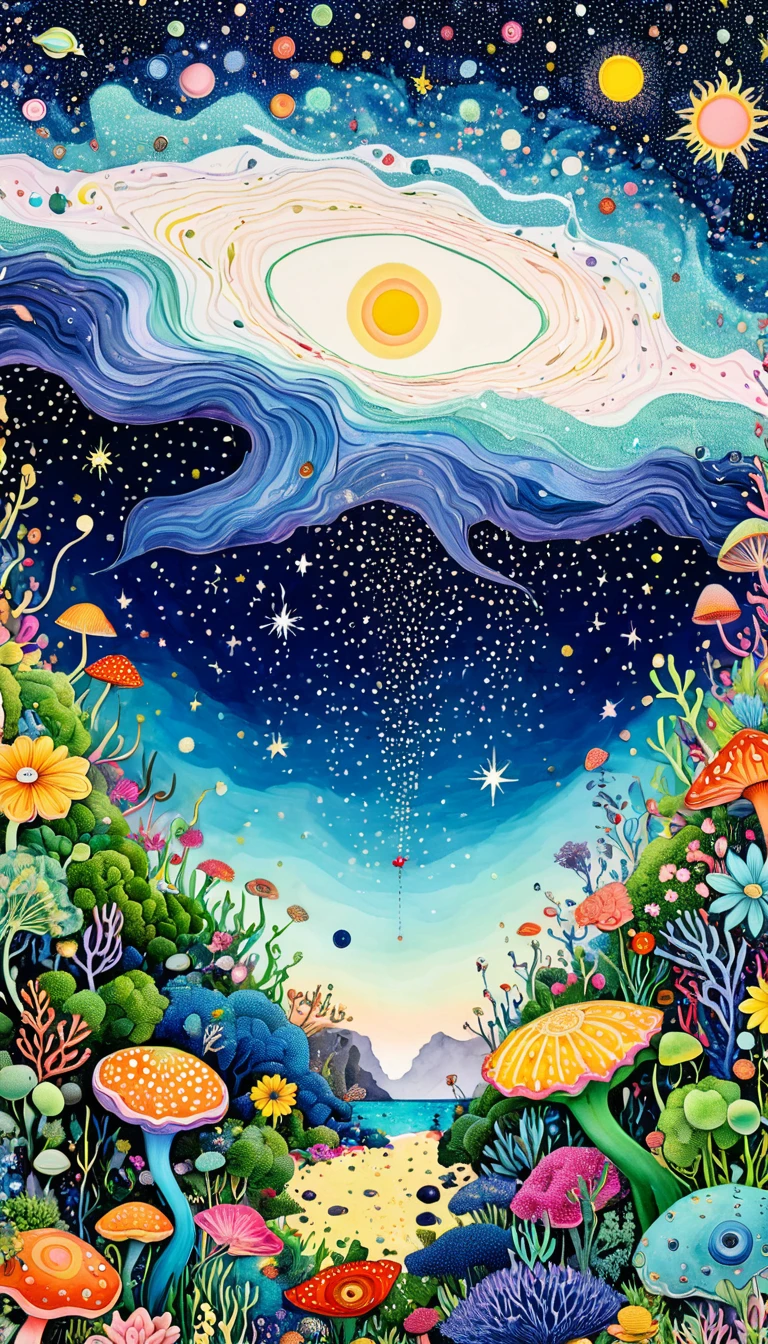 plant、Marine life、Eye、Starry Sky,An abstract painting at the joint,Describing the inner world of autistic people,Sense of space,White Space,Pointillism method,Psychedelic Art,interesting:1.5