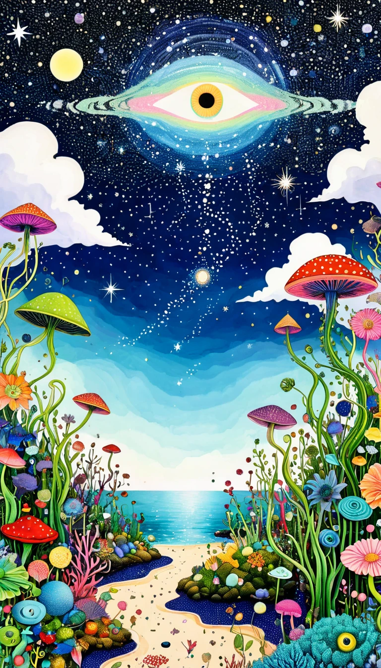 plant、Marine life、Eye、Starry Sky,An abstract painting at the joint,Describing the inner world of autistic people,Sense of space,White Space,Pointillism method,Psychedelic Art,interesting:1.5