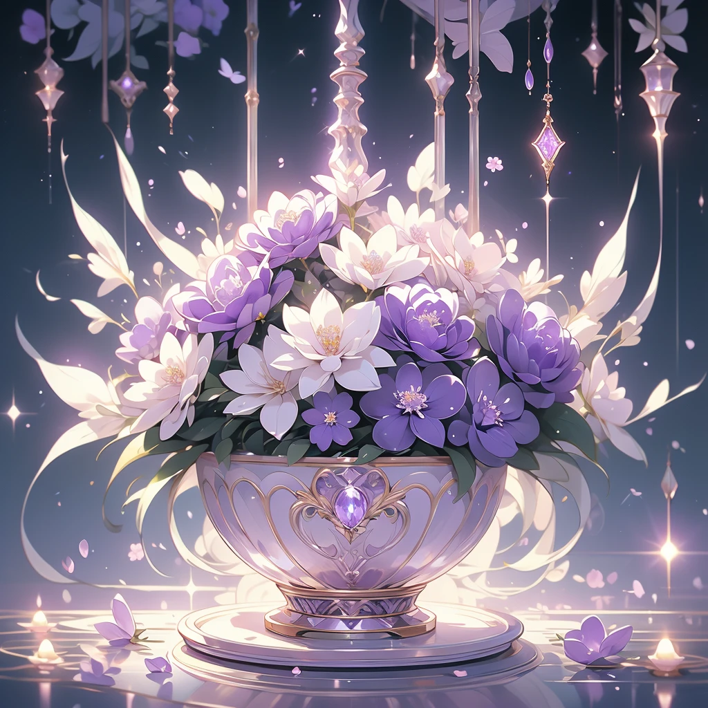 purple and white flowers in a vase with water droplets, digital art by Eizan Kikukawa, tumblr, aestheticism, dreamy aesthetic, 🌺 cgsociety, very aesthetic!!!!!!!!!!!!!!!, magical flowers, aesthetic ”, fantasy aesthetic!, beautiful flowers and crystals, very aesthetic!!!!!!, sailor moon aesthetic, nebulous bouquets, night sky full of flowers