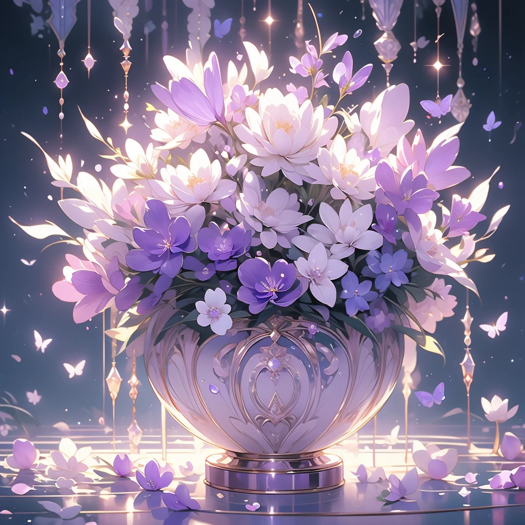 purple and white flowers in a vase with water droplets, digital art by Eizan Kikukawa, tumblr, aestheticism, dreamy aesthetic, 🌺 cgsociety, very aesthetic!!!!!!!!!!!!!!!, magical flowers, aesthetic ”, fantasy aesthetic!, beautiful flowers and crystals, very aesthetic!!!!!!, sailor moon aesthetic, nebulous bouquets, night sky full of flowers