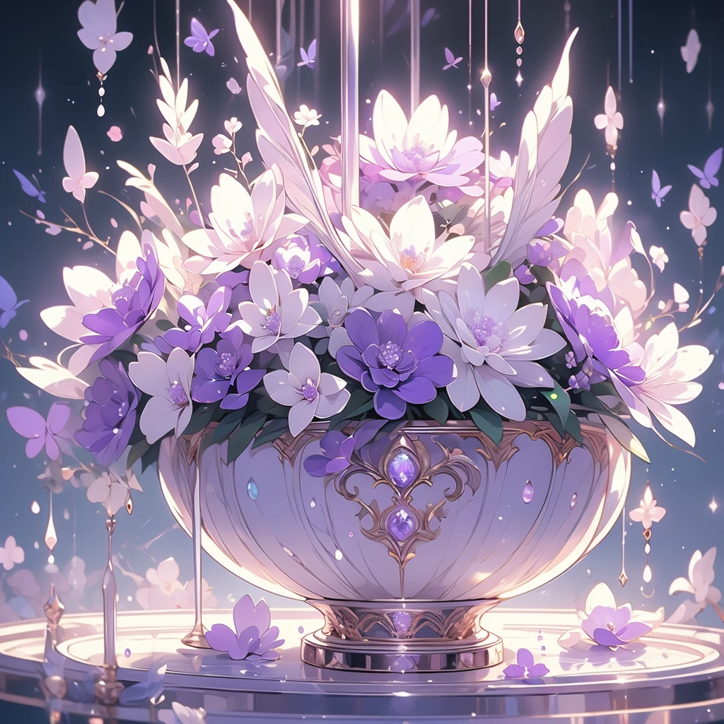 purple and white flowers in a vase with water droplets, digital art by Eizan Kikukawa, tumblr, aestheticism, dreamy aesthetic, 🌺 cgsociety, very aesthetic!!!!!!!!!!!!!!!, magical flowers, aesthetic ”, fantasy aesthetic!, beautiful flowers and crystals, very aesthetic!!!!!!, sailor moon aesthetic, nebulous bouquets, night sky full of flowers
