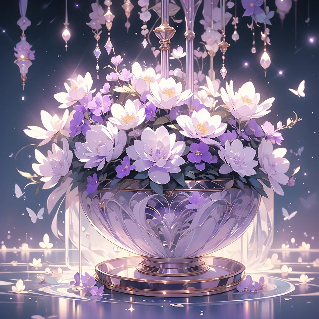 purple and white flowers in a vase with water droplets, digital art by Eizan Kikukawa, tumblr, aestheticism, dreamy aesthetic, 🌺 cgsociety, very aesthetic!!!!!!!!!!!!!!!, magical flowers, aesthetic ”, fantasy aesthetic!, beautiful flowers and crystals, very aesthetic!!!!!!, sailor moon aesthetic, nebulous bouquets, night sky full of flowers