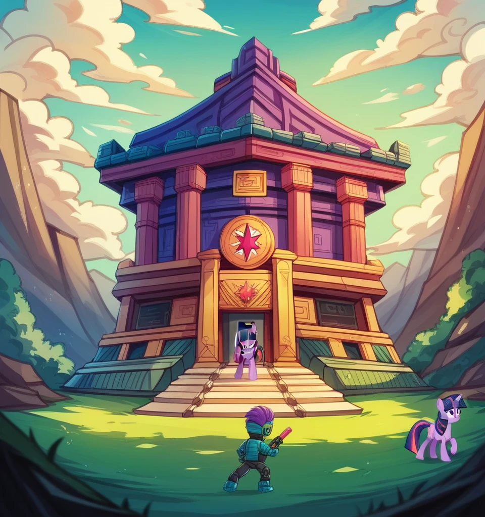 ((High Quality)) (( Perfect Lego autonomy)) Masterpiece, Twilight Sparkle and Lloyd, 1 girl and 1 boy only, Twilight Sparkle is wearing a purple Ninja suit While Lloyd is wearing his green Ninja suit, Twilight Sparkle and Lloyd Lego Ninjago, Twilight Sparkle and Lloyd are at the temple, Full bodies, Standing, in the temple, Twilight Sparkle and Lloyd, cuerpo completo, high resolusion