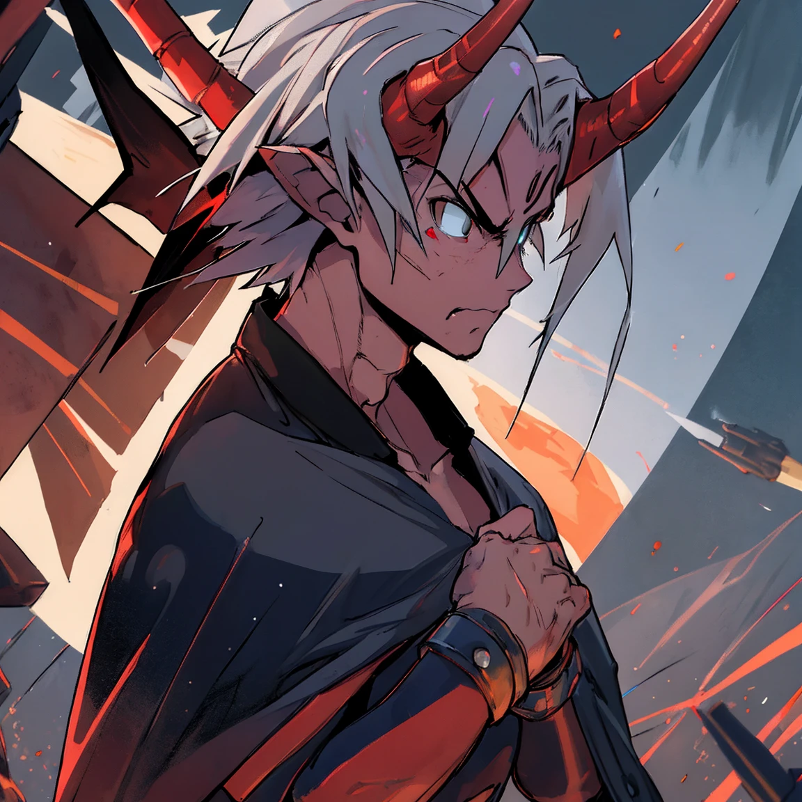 work of art,best qualityer,high resolution,cinematic lighting,dramatic angle,1 older,Izudia,missilesduras,cape,holding missiles,弓 \(missiles\),demoness, older, naughty man, silver-haired, with 2 horns, young-looking red skin, sad and severe look, blue nobles clothes