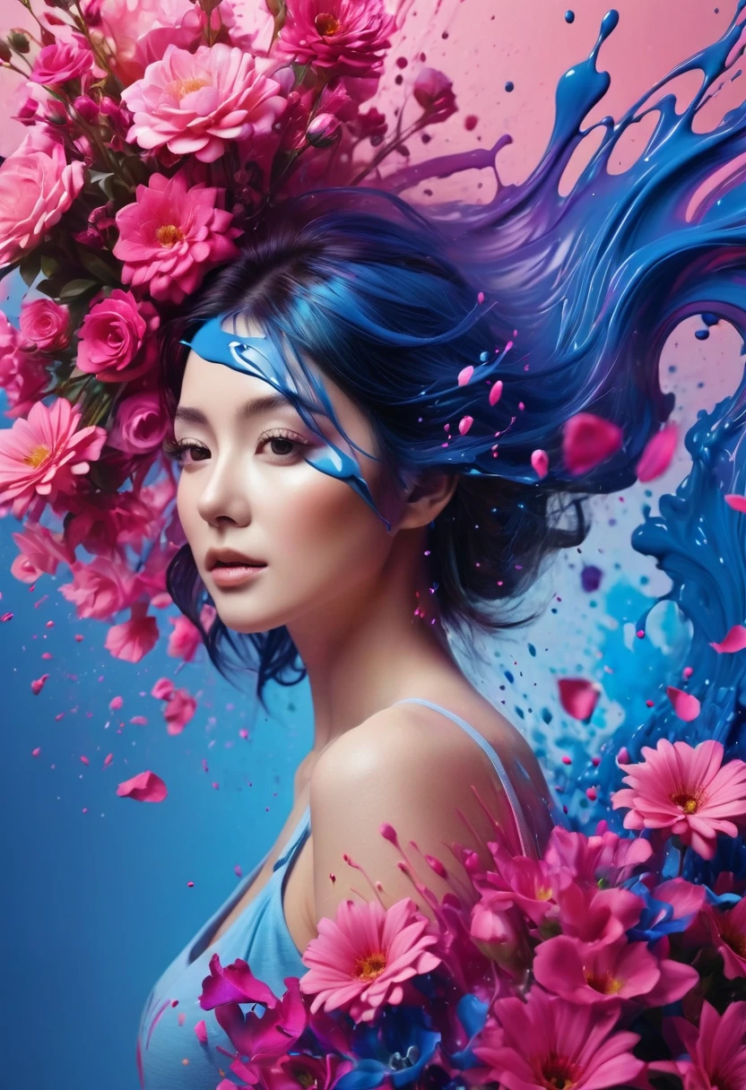 Photorealistic image of a woman, abstract background, blue and pink gradient, made of flowers, paint spilling , ultra clear