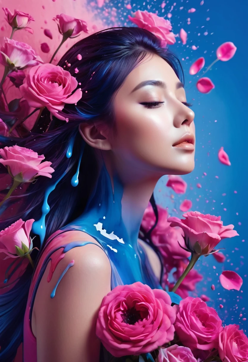 Photorealistic image of a woman, abstract background, blue and pink gradient, made of flowers, paint spilling , ultra clear